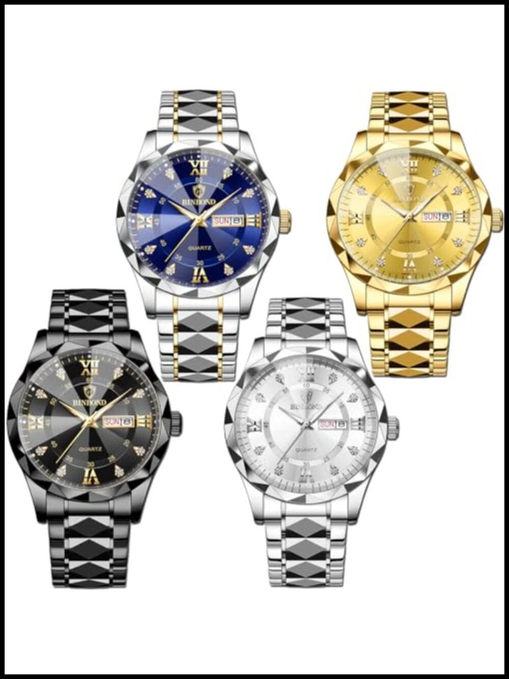 Men's Diamond Business Dress Analog Quartz Stainless Steel Watches 4 Pack